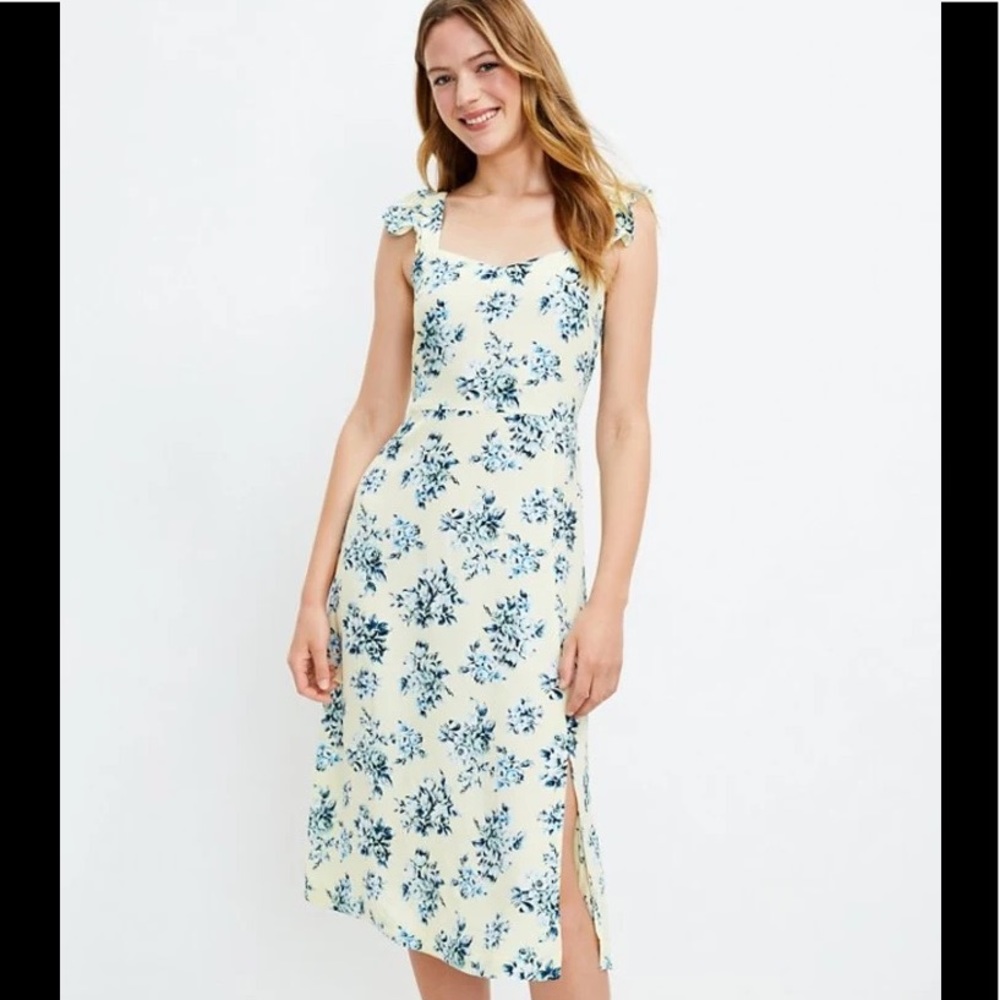 LOFT Floral Ruffle Strap Midi Dress